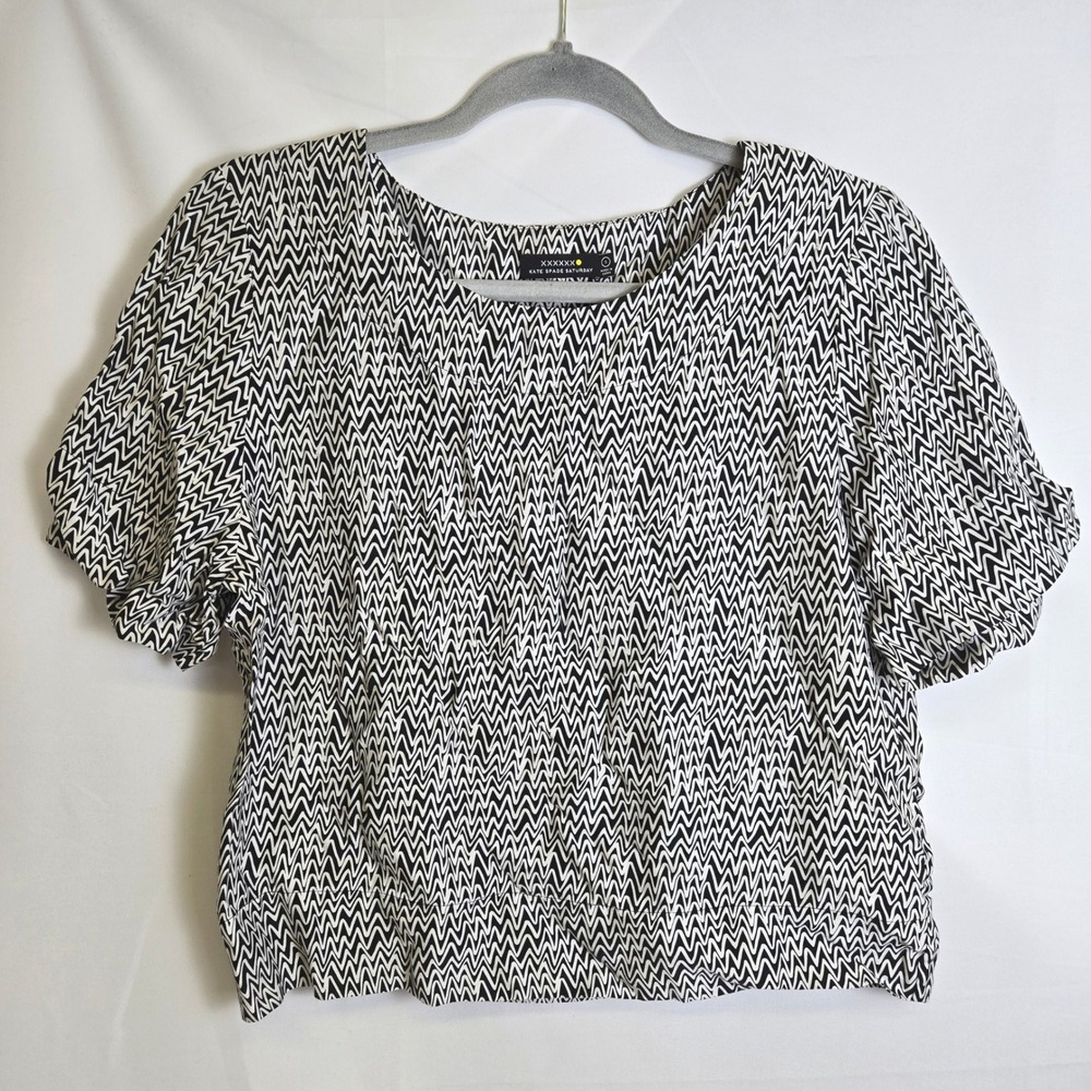 Kate Spade Saturday Short Sleeve Crop Top Silk Blend Black White Zig Zag‎ Small
